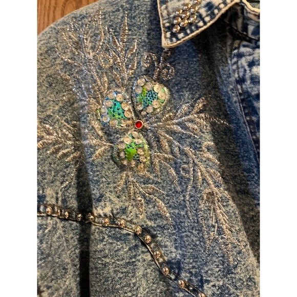 VTG Acid Wash Denim Embellished Western Style Button Shirt by Pretty Bleu Large‎ - Picture 3 of 6